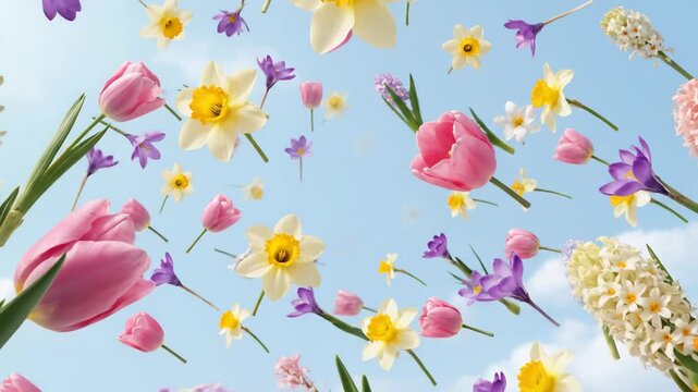 Spring Flowers Flying in Pastel Sky - Pastel-colored spring flowers, including tulips, daffodils, and hyacinths, float against a light blue sky.