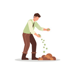 Vector illustration of a man in a shirt and boots sowing green seeds into a pile of soil.