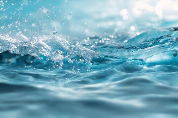 Transparent blue clear water surface texture with ripples, splashes and bubbles. Abstract summer banner background Water waves in sunlight with copy space Cosmetic moisturizer micellar toner emulsion