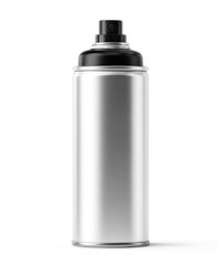 An ultra-realistic spray can mockup, in a silver color with a black cap, isolated on a white background.