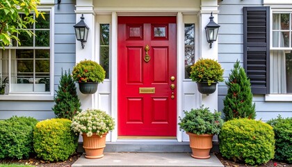 A classic red front door with brass knocker and potted plants on each side
