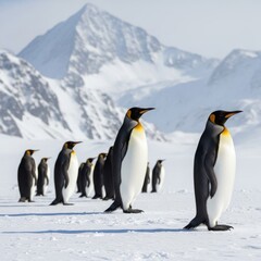 Fototapeta premium Antarctic Royalty: A Regiment of Emperor Penguins Against Majestic Snowy Peaks