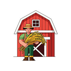 Fototapeta premium A cheerful cartoon farmer in overalls holding a large sheaf of golden wheat in front of a classic red barn.