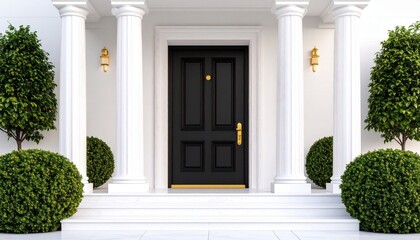 An elegant black front door with gold handle framed by white columns and steps
