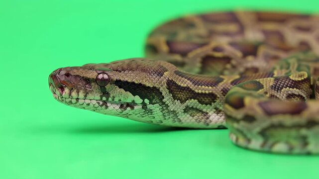Intricate Brown and Green Python Snake Close-Up on Vivid Green Screen Background, Detailed Reptile Scales and Head