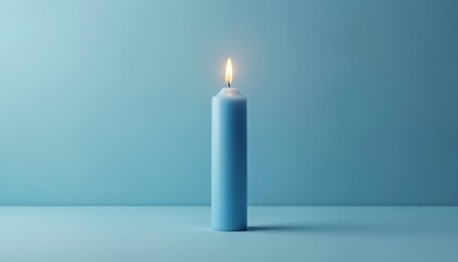 Single lit blue candle on blue surface creates serene calm peaceful mood. Monochromatic tones with soft light and shadow. Ideal for meditation, relaxation, spa, yoga, wellness, zen, hope, and comfort.