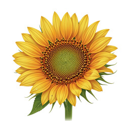 Fototapeta premium Bright Yellow Sunflower with Green Center and Green Leaves on Transparent Background