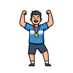 Fototapeta premium Happy male athlete cartoon character celebrating victory with a first place gold medal.