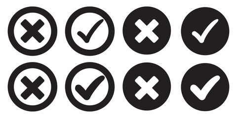 Green check marks and red cross mark icon button. Check mark icons set. Tick and cross symbol. Accepted or rejected, true or false, right or wrong, yes or no signs icons. Vector illustration