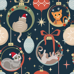 Meowy Christmas. Festive seamless pattern with cats and Christmas ornaments