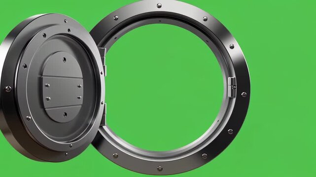 Open metal vault door on green screen background