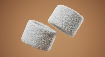 Pair of White Terry Cloth Wristbands Floating against a Warm Brown Studio Background, Sporty Accessory
