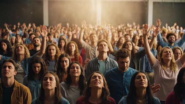 Diverse Crowd Worshiping with Raised Hands - A large, diverse group of people with their hands raised in worship, bathed in a warm, ethereal light.