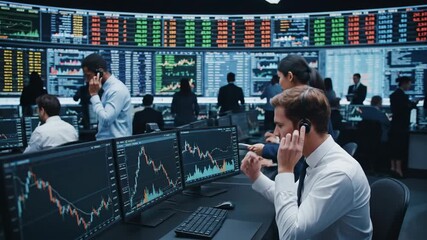 Stock Exchange Trading Room - Diverse team of financial professionals work in a busy trading room, monitoring stock market data on numerous screens and communicating via headsets. - Powered by Adobe