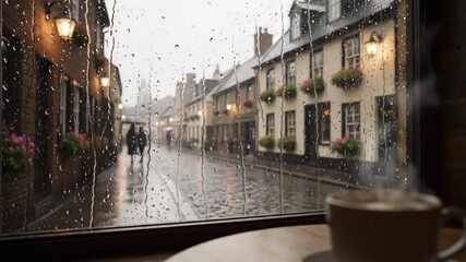Rainy Village Street View from Coffee Shop - A cozy coffee shop scene viewed through a rain-streaked window.