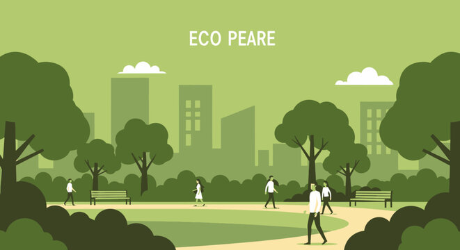 Illustration of people walking in a green park with trees, benches, and a cityscape silhouette in the background, with "ECO PEARE" text overlay.