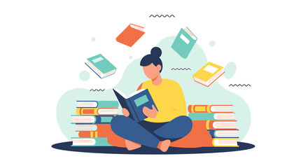 A woman sits cross-legged reading a book with several books stacked around her and floating in the air.