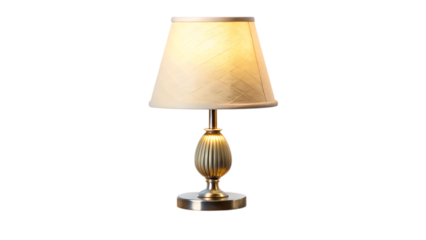 A table lamp with a soft fabric shade, unlit, on a bedside table, isolated on a Transparent background