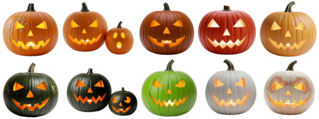 Collection of halloween pumpkins isolated on transparent background .png. Green, white and orange halloween carved pumpkin lanterns, jack o lantern