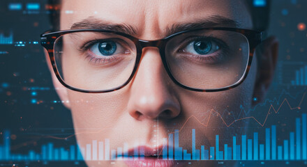 Woman with glasses staring intensely at stock market data overlays. Financial analysis for investment and business strategy.