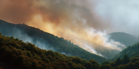 Forest fire smoke mountain landscape thick smoke wildfire nature disaster environmental damage green trees orange smoke foggy