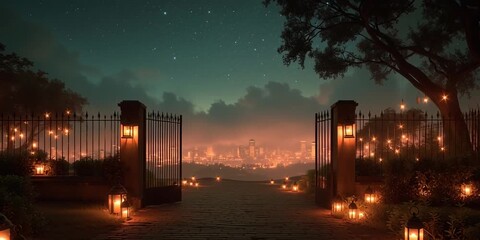 Wide shot of a cemetery surrounded by a wrought iron fence, captured at night with an eerie atmosphere, suitable for Halloween and horror projects. - Powered by Adobe