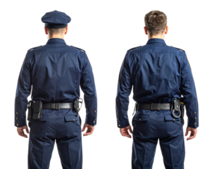 Police Uniform with Cap and Belt Accessories, Angled Side View, isolated on transparent background.