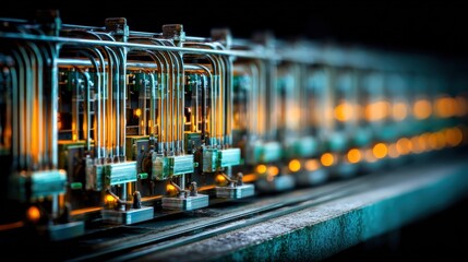 Obraz premium Close up of intricate industrial machinery featuring glowing components and metallic pipes