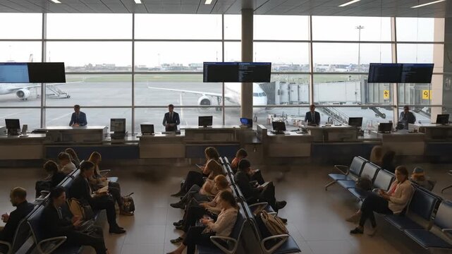 Airport Departure Gate Time-Lapse - Passengers wait at an airport departure gate, with an airplane visible through large windows.
