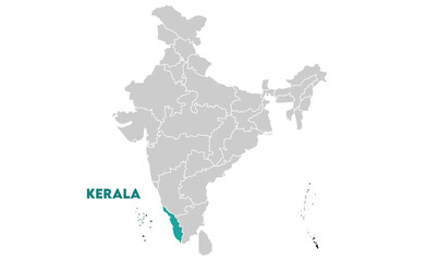 Obraz premium Kerala map highlighted with name, Indian states, suitable for education, business, presentations, print, web use, and creative geographic projects. Indian union territory.