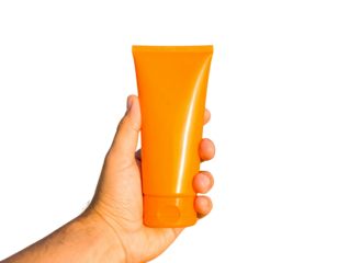 Hand Holding Orange Sunscreen Tube PNG