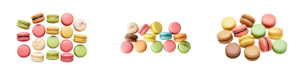 Obraz premium Delicious macarons display bakery food colorful environment overhead sweet treats concept. Set PNG