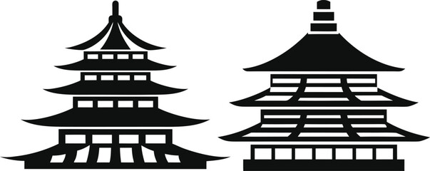 Collection of Silhouetted Asian Architectural Structures. Black and White Asian Temple Illustration with Arches and Domed Roofs Design