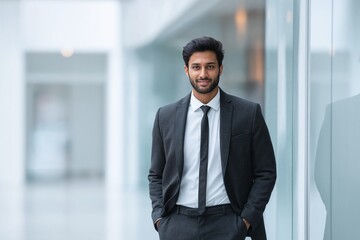Fototapeta premium Portrait of smartly dressed young Indian businessman stands with hands in his pockets, smiles confidently in a modern light office setting.