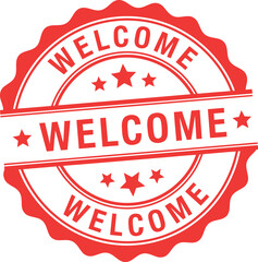 Red circular rubber stamp with the word welcome repeated in a distressed vintage style on a white background