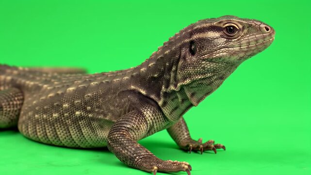 Exotic Argentine Black and White Tegu Lizard Reptile Isolated on Bright Green Chroma Key Studio Background for Easy Compositing