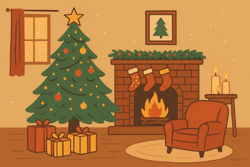 Cozy Christmas Living Room with Fireplace, Tree, and Stockings