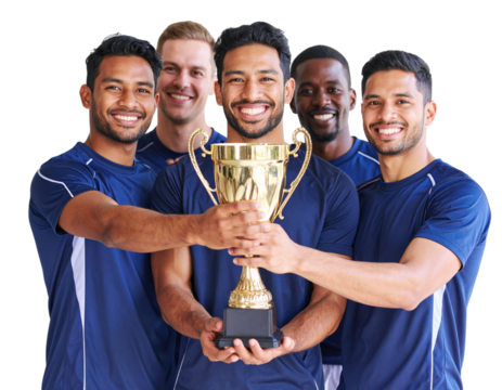Sports Team Holding Golden Trophy Together, isolated on transparent background.