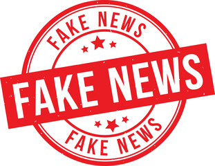 Red circular stamp and diagonal banner clearly stating fake news in bold white letters against a white background