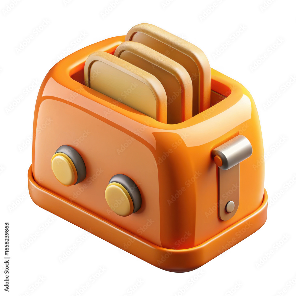 Poster 3d retro orange toaster with bread slices isolated on transparent background