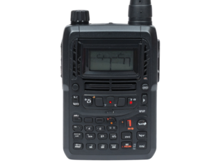 Standard Black Walkie-Talkie with Antenna, Front View, isolated on transparent background.