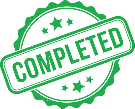 Green rubber stamp with the word completed in white letters on a white background