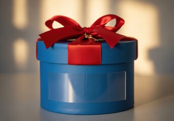 Elegant Blue Gift Box with Vivid Red Ribbon and Transparent Label Ready