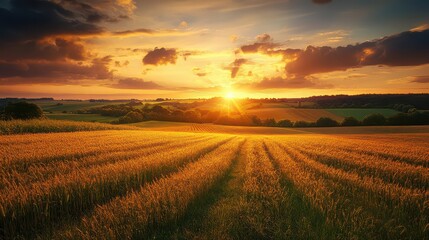 Obraz premium Golden field under a sunset with cloudy sky in the distance