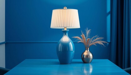 lamp on the table in the wall background.