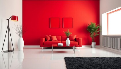 modern living room with red sofa in the wall background.