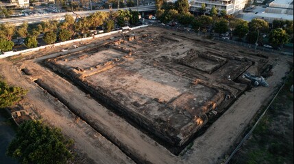 Aerial view of archaeological excavation site revealing ancient foundations and structures