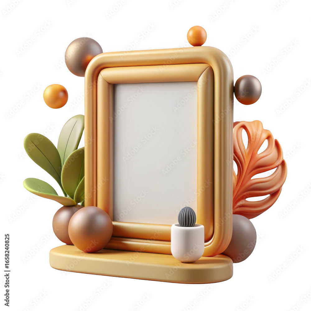 Aufkleber 3d abstract composition with golden frame and tropical elements isolated on transparent background