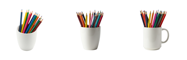 Colorful pencils arrangement in white cups creative workspace stationery bright environment top-down artistic inspiration. Set PNG