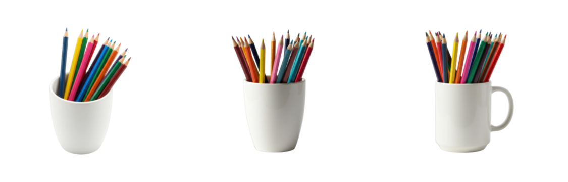 Colorful pencils arrangement in white cups creative workspace stationery bright environment top-down artistic inspiration. Set PNG